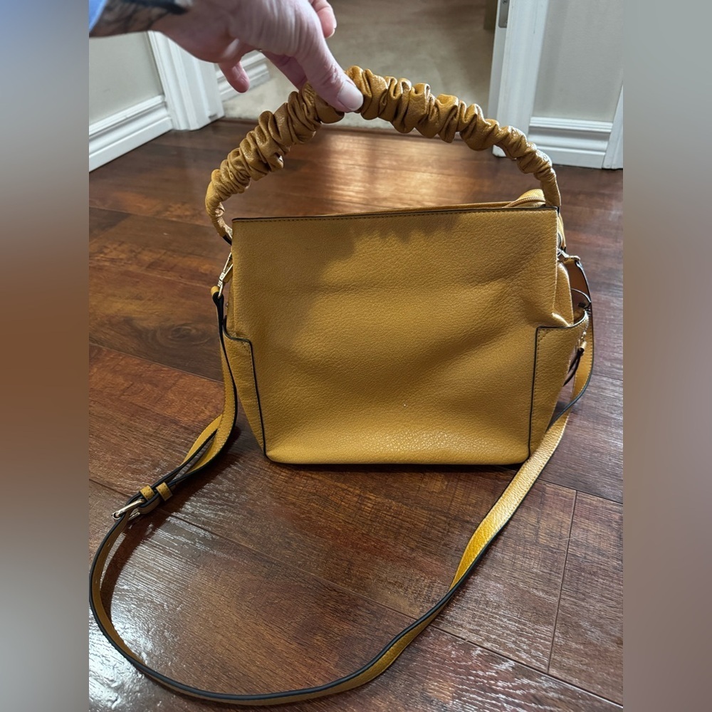 Yellow Structured Shoulder Bag with Ruched Handle